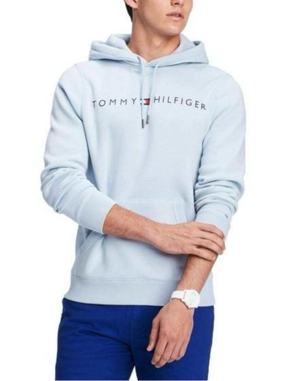Tommy Hilfiger Light Blue Logo Hoodie | Pullover Sweatshirt | Size L